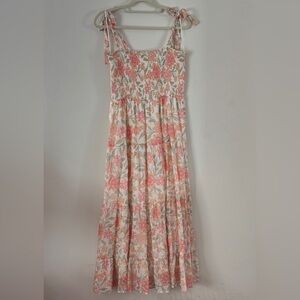 LOVESTITCH Cream Floral Midi Dress with Pink & Green Accents